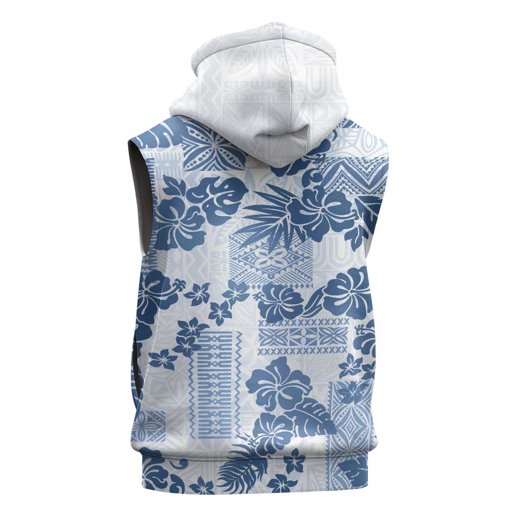 Vintage Hawaii Sleeveless Hoodie Hibiscus Tapa Tribal With Hawaiian Quilt Pattern Blue - Polynesian Pride