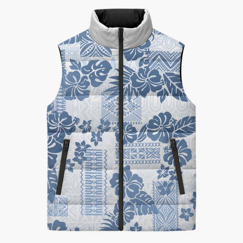 Vintage Hawaii Sleeveless Puffer Jacket Hibiscus Tapa Tribal With Hawaiian Quilt Pattern Blue - Polynesian Pride