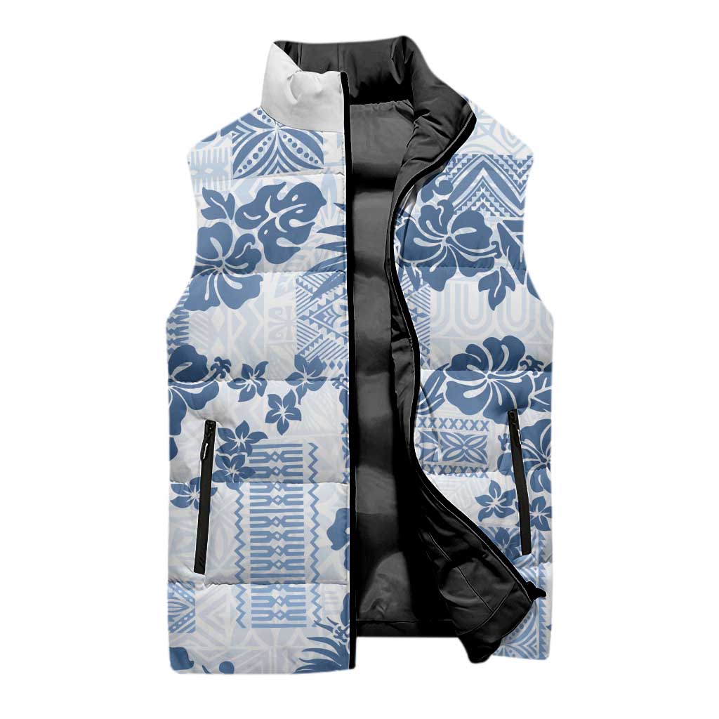 Vintage Hawaii Sleeveless Puffer Jacket Hibiscus Tapa Tribal With Hawaiian Quilt Pattern Blue - Polynesian Pride