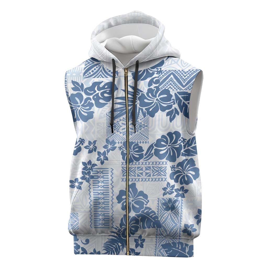 Vintage Hawaii Sleeveless Zip Hoodie Hibiscus Tapa Tribal With Hawaiian Quilt Pattern Blue - Polynesian Pride