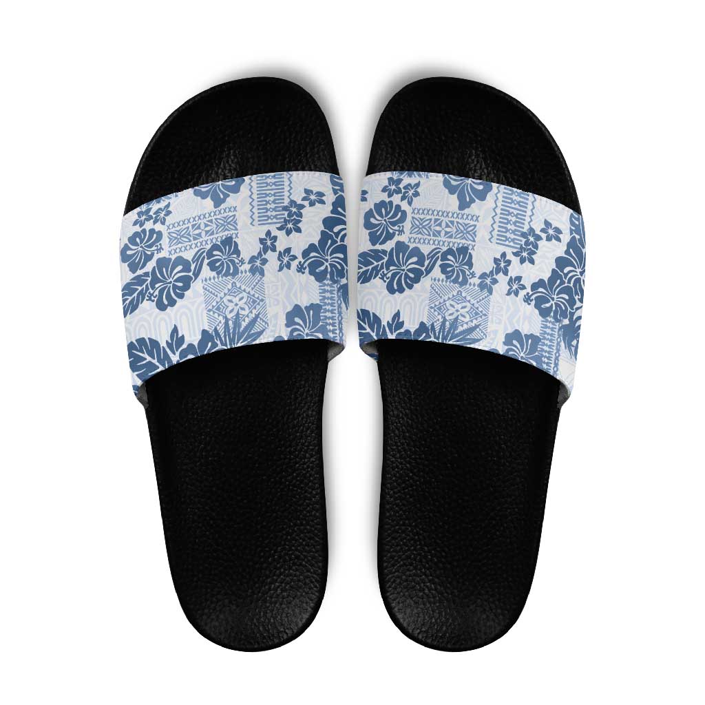 Vintage Hawaii Slide Sandals Hibiscus Tapa Tribal With Hawaiian Quilt Pattern Blue - Polynesian Pride