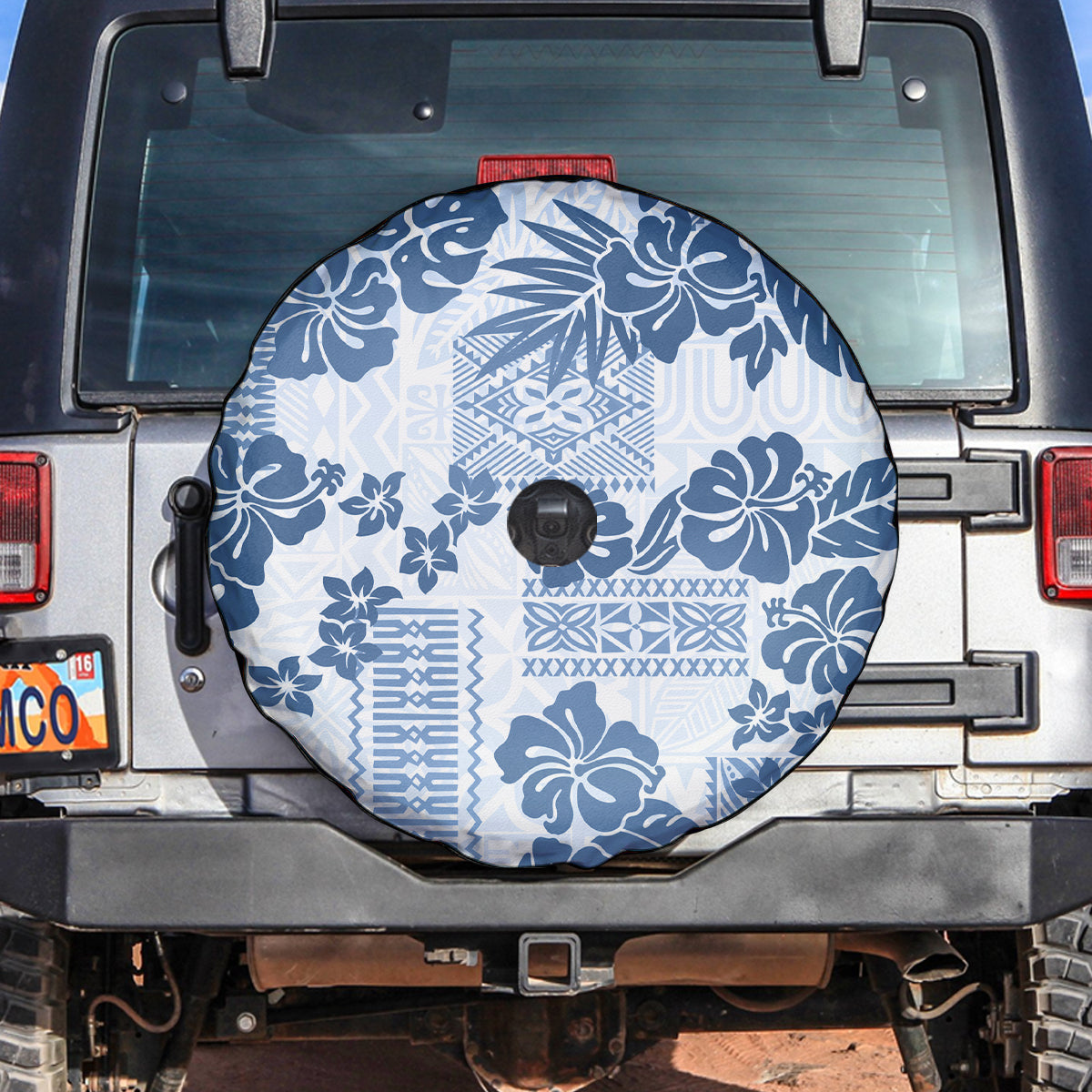 Vintage Hawaii Spare Tire Cover Hibiscus Tapa Tribal With Hawaiian Quilt Pattern Blue LT9 - Polynesian Pride