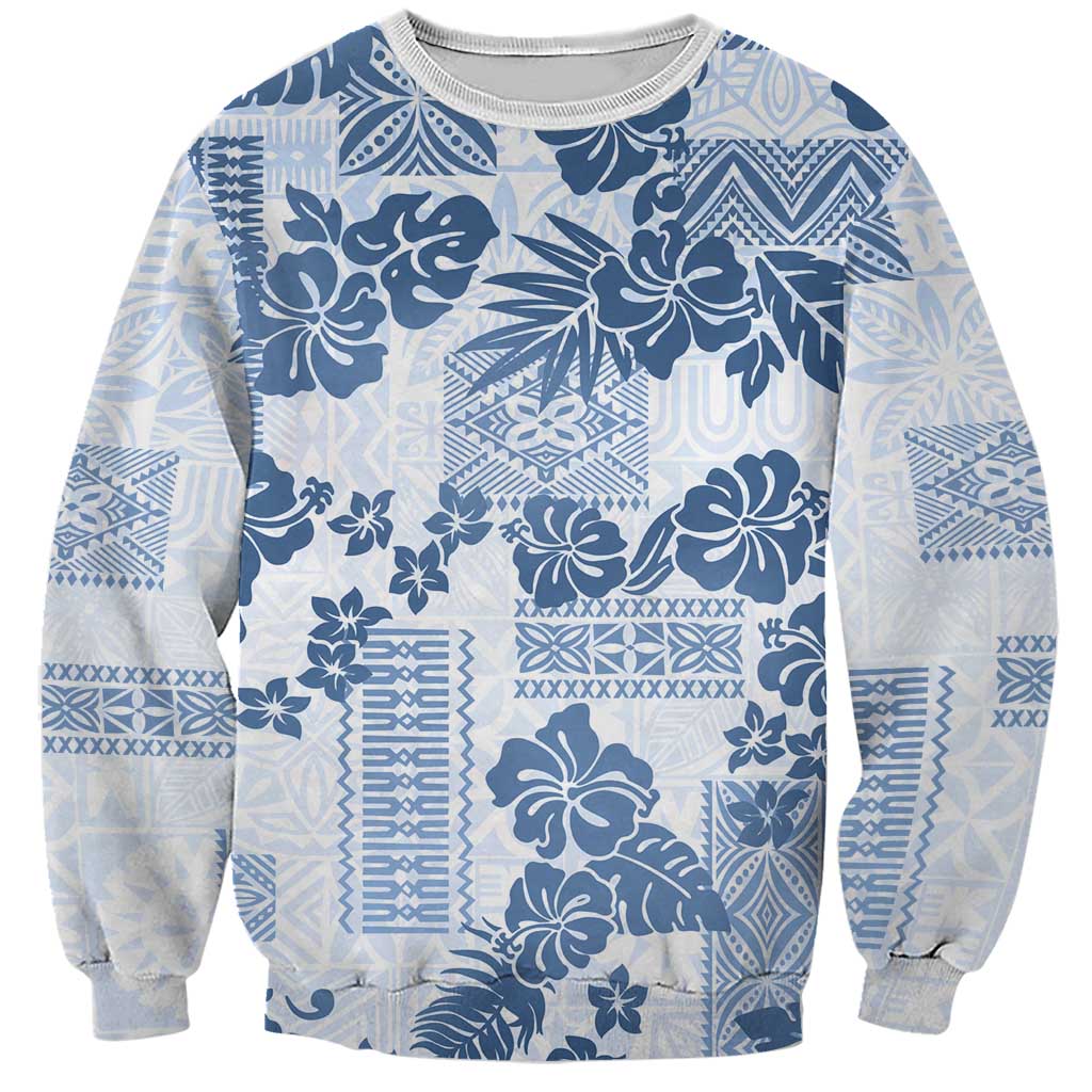 Vintage Hawaii Sweatshirt Hibiscus Tapa Tribal With Hawaiian Quilt Pattern Blue LT9