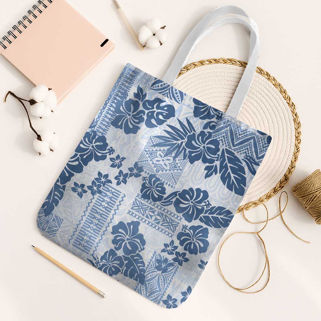 Vintage Hawaii Tote Bag Hibiscus Tapa Tribal With Hawaiian Quilt Pattern Blue - Polynesian Pride