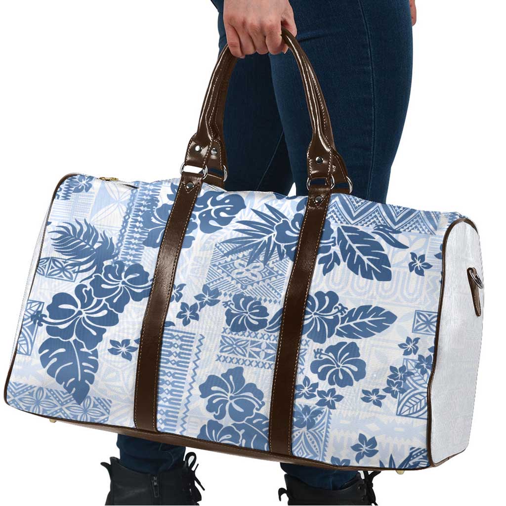 Vintage Hawaii Travel Bag Hibiscus Tapa Tribal With Hawaiian Quilt Pattern Blue - Polynesian Pride