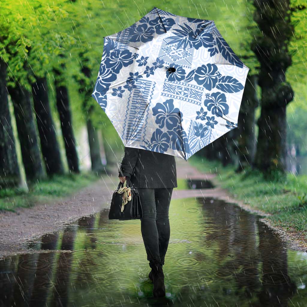 Vintage Hawaii Umbrella Hibiscus Tapa Tribal With Hawaiian Quilt Pattern Blue - Polynesian Pride