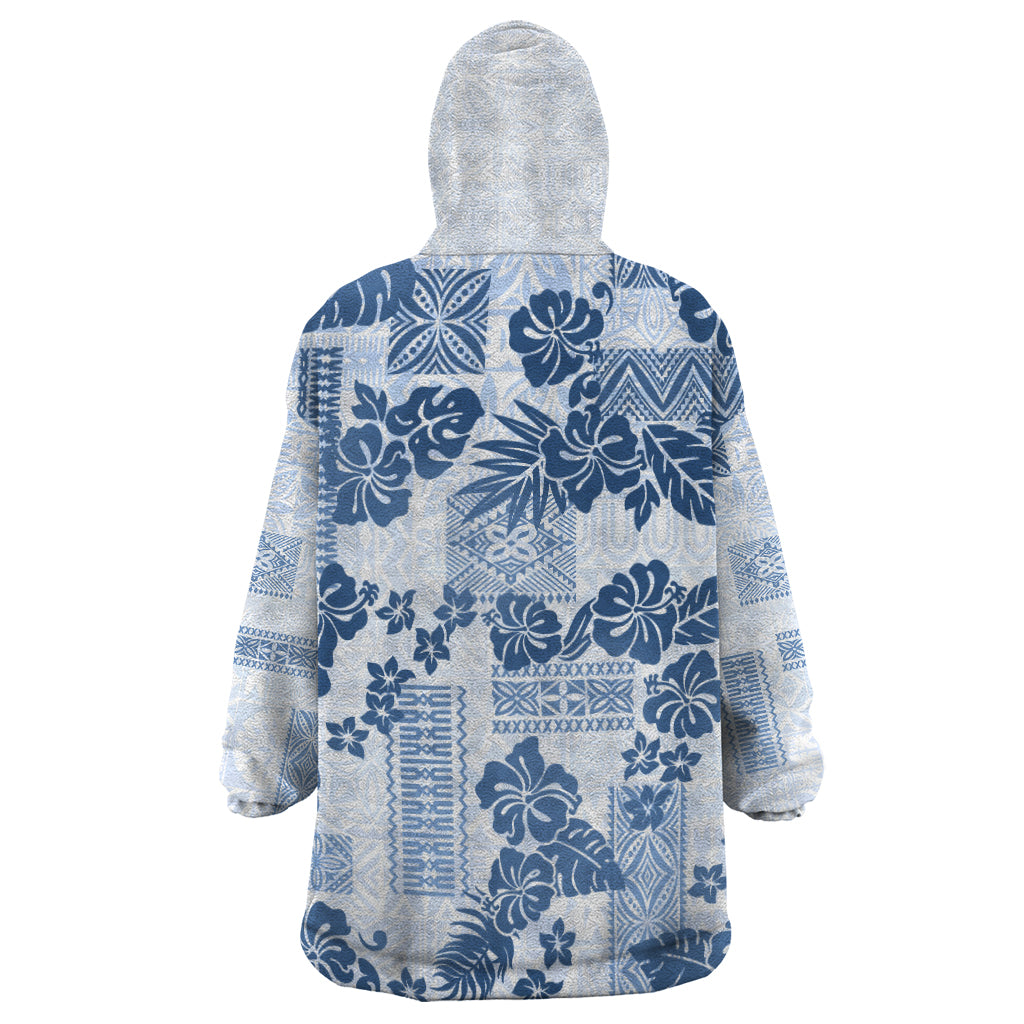 Vintage Hawaii Wearable Blanket Hoodie Hibiscus Tapa Tribal With Hawaiian Quilt Pattern Blue LT9 - Polynesian Pride