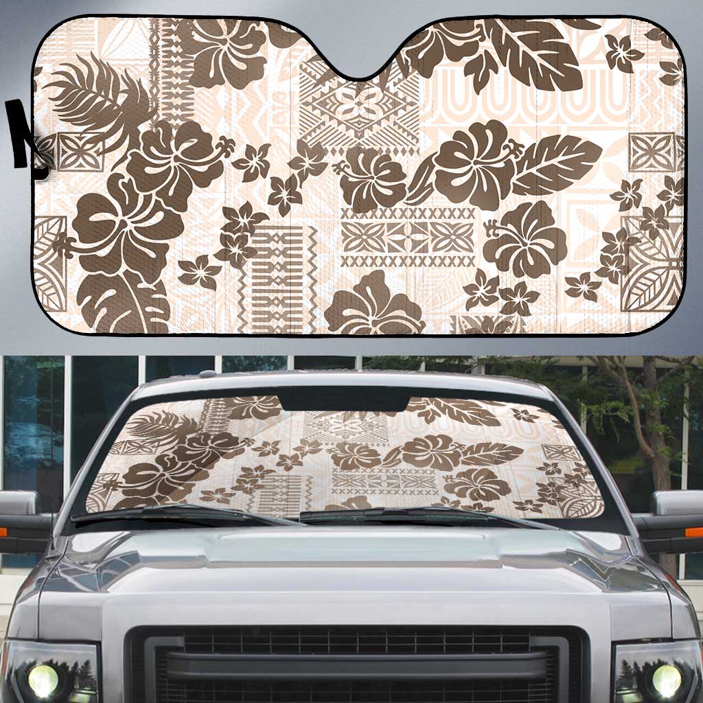 Vintage Hawaii Auto Sun Shade Hibiscus Tapa Tribal With Hawaiian Quilt Pattern Gold - Polynesian Pride