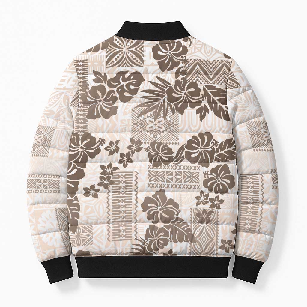 Vintage Hawaii Bomber Puffer Jacket Hibiscus Tapa Tribal With Hawaiian Quilt Pattern Gold - Polynesian Pride