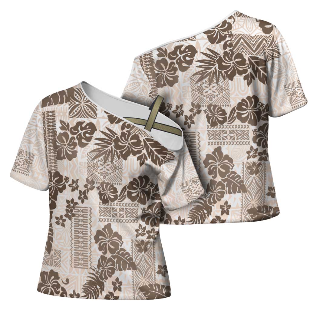 Vintage Hawaii Cross Shoulder Shirt Hibiscus Tapa Tribal With Hawaiian Quilt Pattern Gold - Polynesian Pride