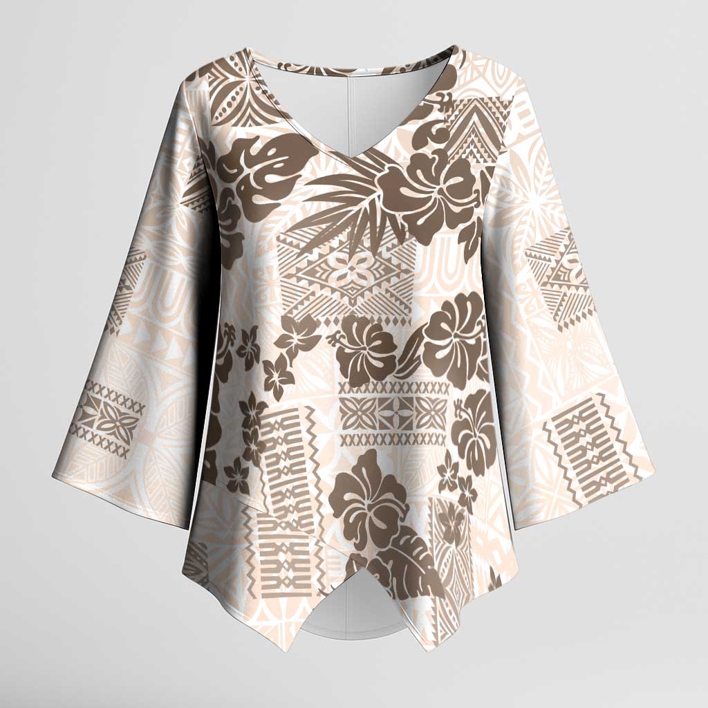 Vintage Hawaii Kimono Sleeve Blouse Hibiscus Tapa Tribal With Hawaiian Quilt Pattern Gold LT9 Female Gold - Polynesian Pride