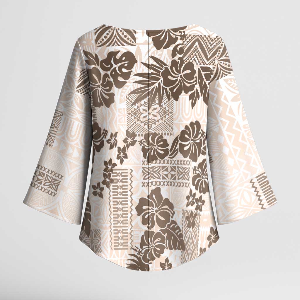 Vintage Hawaii Kimono Sleeve Blouse Hibiscus Tapa Tribal With Hawaiian Quilt Pattern Gold LT9 - Polynesian Pride