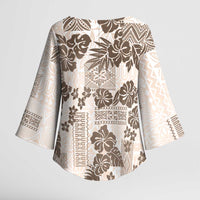 Vintage Hawaii Kimono Sleeve Blouse Hibiscus Tapa Tribal With Hawaiian Quilt Pattern Gold LT9 - Polynesian Pride
