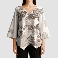 Vintage Hawaii Kimono Sleeve Blouse Hibiscus Tapa Tribal With Hawaiian Quilt Pattern Gold LT9 - Polynesian Pride
