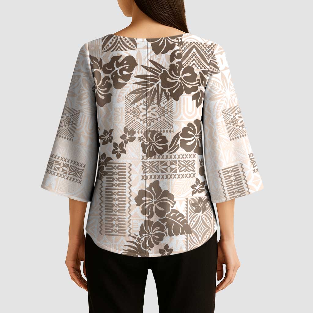 Vintage Hawaii Kimono Sleeve Blouse Hibiscus Tapa Tribal With Hawaiian Quilt Pattern Gold LT9 - Polynesian Pride