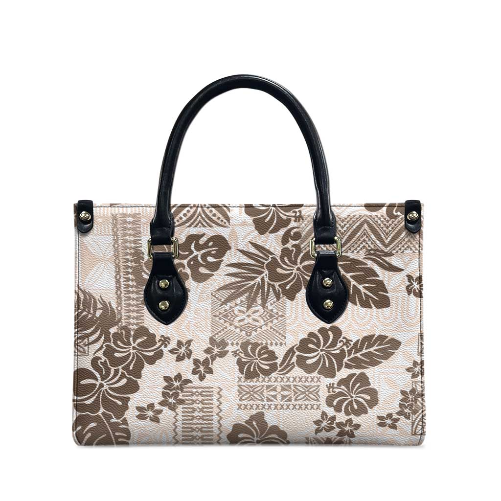 Vintage Hawaii Leather Bag Hibiscus Tapa Tribal With Hawaiian Quilt Pattern Gold - Polynesian Pride
