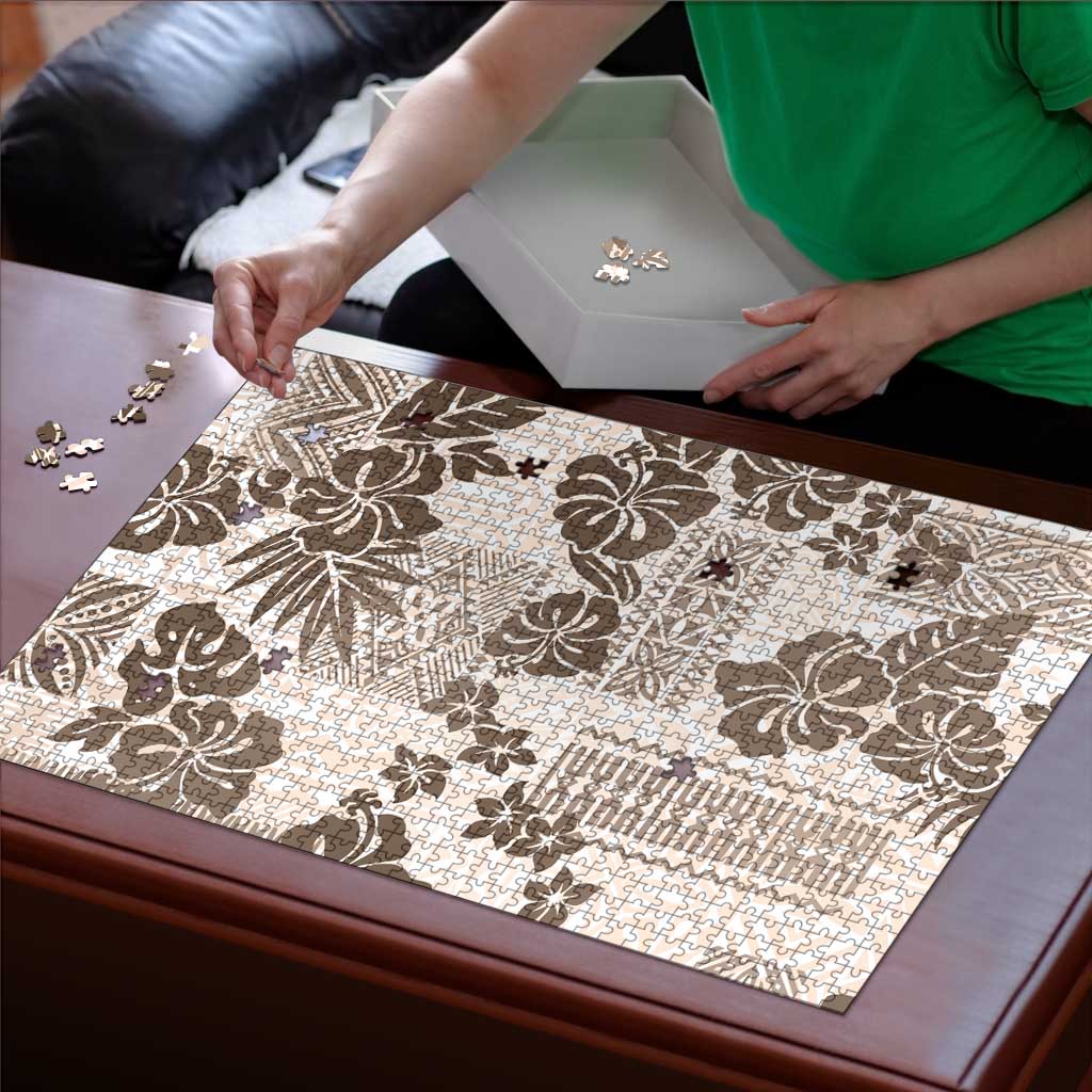 Vintage Hawaii Puzzle Hibiscus Tapa Tribal With Hawaiian Quilt Pattern Gold - Polynesian Pride
