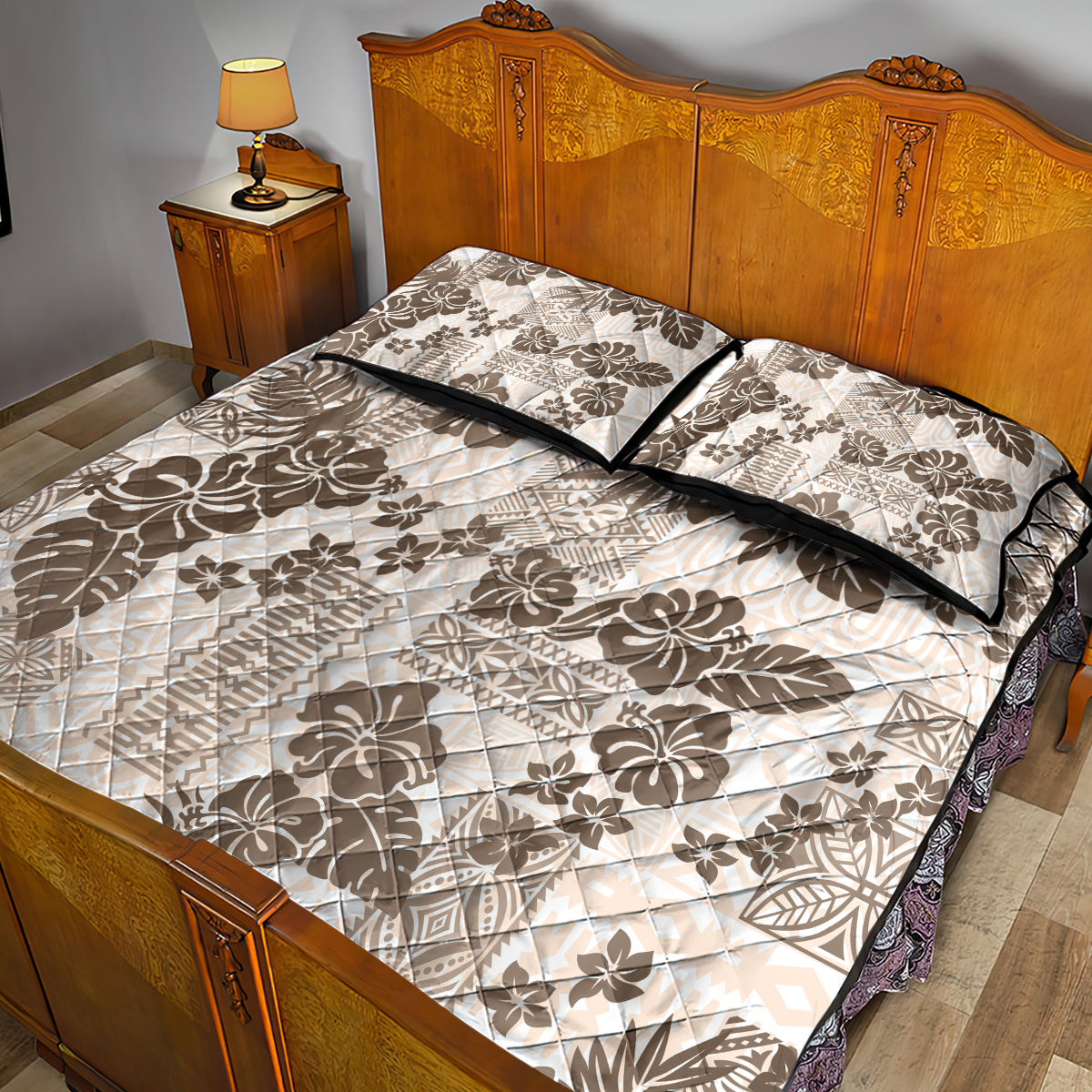 Vintage Hawaii Quilt Bed Set Hibiscus Tapa Tribal With Hawaiian Quilt Pattern Gold LT9 - Polynesian Pride