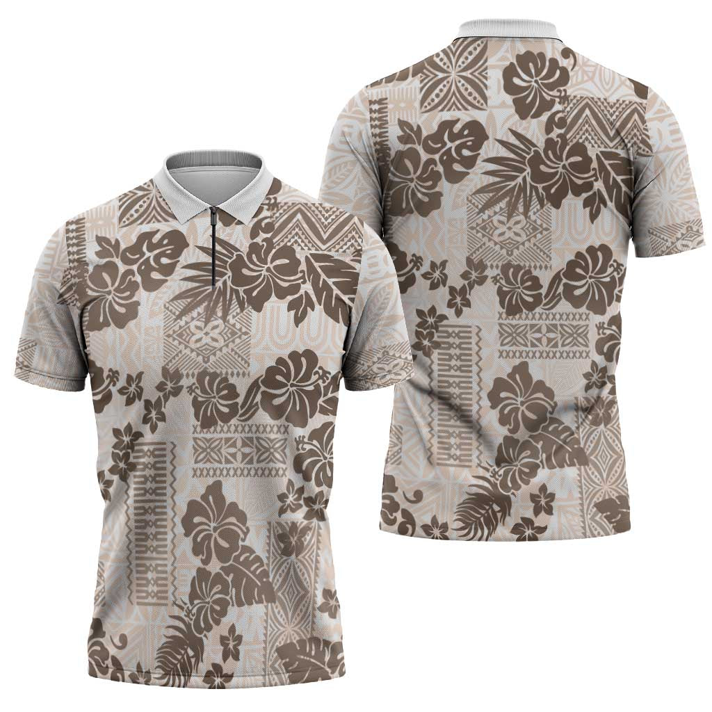 Vintage Hawaii Zipper Polo Shirt Hibiscus Tapa Tribal With Hawaiian Quilt Pattern Gold - Polynesian Pride