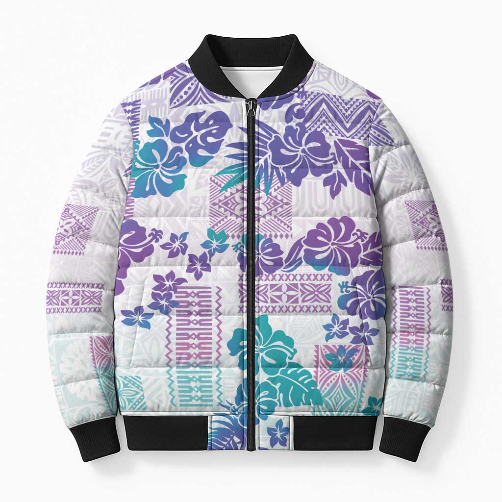 Vintage Hawaii Bomber Puffer Jacket Hibiscus Tapa Tribal With Hawaiian Quilt Pattern Purple - Polynesian Pride
