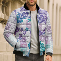 Vintage Hawaii Bomber Puffer Jacket Hibiscus Tapa Tribal With Hawaiian Quilt Pattern Purple - Polynesian Pride