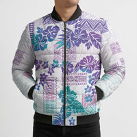 Vintage Hawaii Bomber Puffer Jacket Hibiscus Tapa Tribal With Hawaiian Quilt Pattern Purple - Polynesian Pride