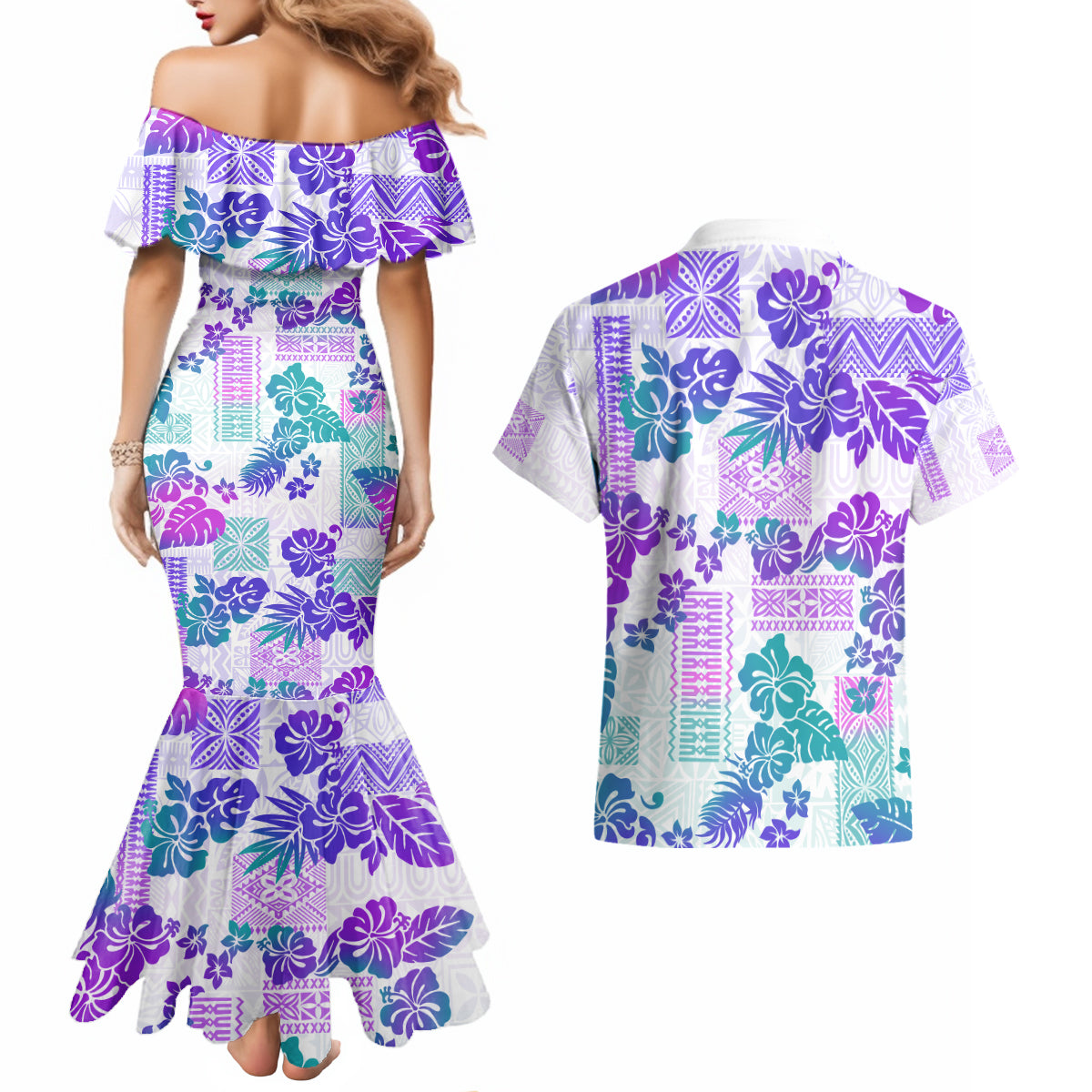 Vintage Hawaii Couples Matching Mermaid Dress and Hawaiian Shirt Hibiscus Tapa Tribal With Hawaiian Quilt Pattern Purple LT9 - Polynesian Pride