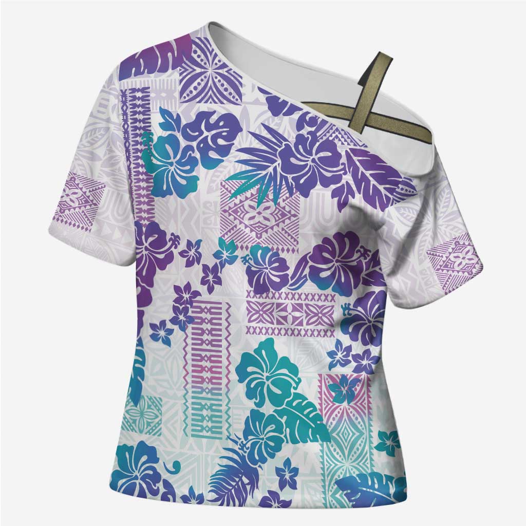 Vintage Hawaii Cross Shoulder Shirt Hibiscus Tapa Tribal With Hawaiian Quilt Pattern Purple - Polynesian Pride