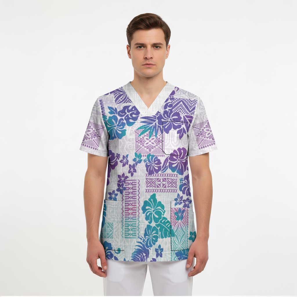 Vintage Hawaii Scrub Top Hibiscus Tapa Tribal With Hawaiian Quilt Pattern Purple - Polynesian Pride