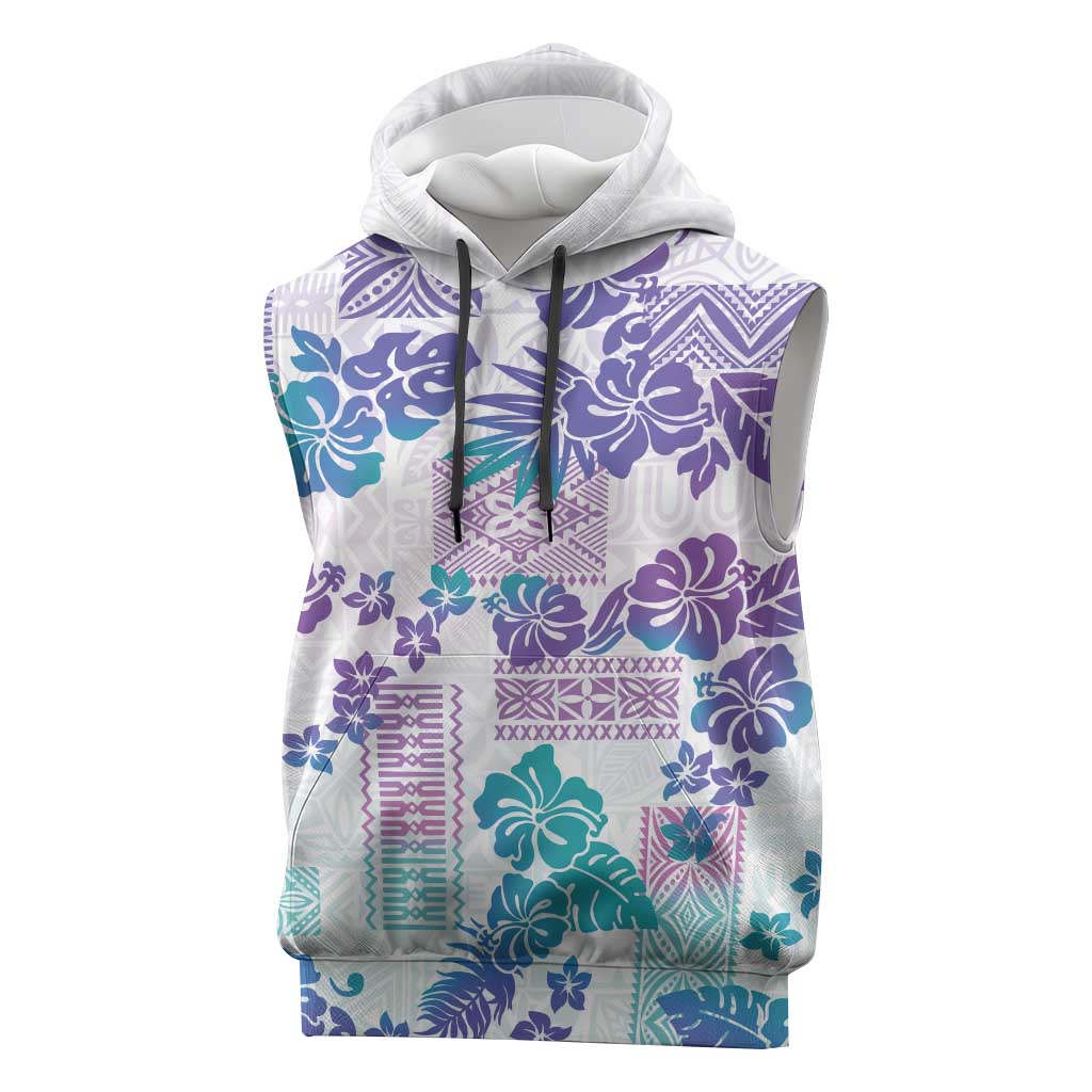 Vintage Hawaii Sleeveless Hoodie Hibiscus Tapa Tribal With Hawaiian Quilt Pattern Purple - Polynesian Pride