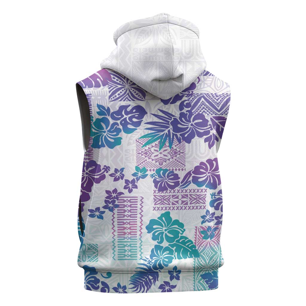 Vintage Hawaii Sleeveless Hoodie Hibiscus Tapa Tribal With Hawaiian Quilt Pattern Purple - Polynesian Pride