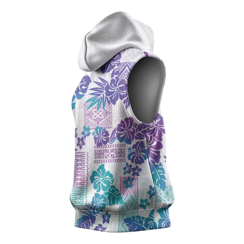 Vintage Hawaii Sleeveless Hoodie Hibiscus Tapa Tribal With Hawaiian Quilt Pattern Purple - Polynesian Pride