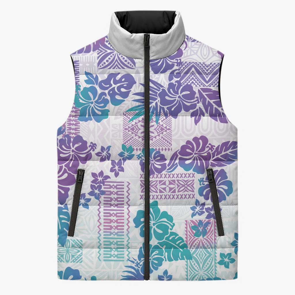 Vintage Hawaii Sleeveless Puffer Jacket Hibiscus Tapa Tribal With Hawaiian Quilt Pattern Purple - Polynesian Pride