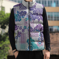 Vintage Hawaii Sleeveless Puffer Jacket Hibiscus Tapa Tribal With Hawaiian Quilt Pattern Purple - Polynesian Pride