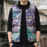 Vintage Hawaii Sleeveless Puffer Jacket Hibiscus Tapa Tribal With Hawaiian Quilt Pattern Purple - Polynesian Pride