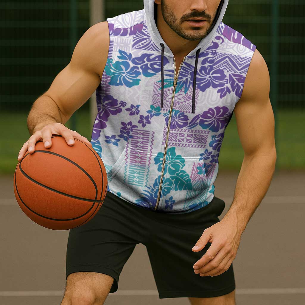 Vintage Hawaii Sleeveless Zip Hoodie Hibiscus Tapa Tribal With Hawaiian Quilt Pattern Purple - Polynesian Pride