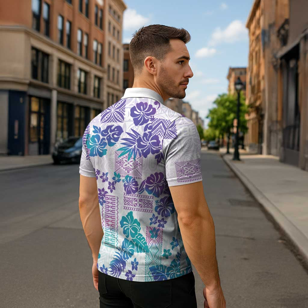 Vintage Hawaii Zipper Polo Shirt Hibiscus Tapa Tribal With Hawaiian Quilt Pattern Purple - Polynesian Pride