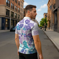 Vintage Hawaii Zipper Polo Shirt Hibiscus Tapa Tribal With Hawaiian Quilt Pattern Purple - Polynesian Pride