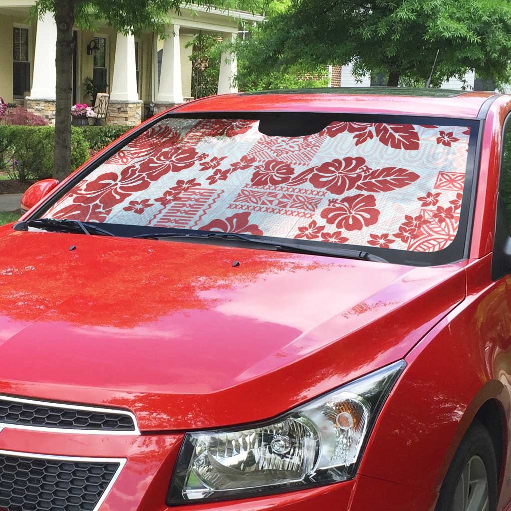 Vintage Hawaii Auto Sun Shade Hibiscus Tapa Tribal With Hawaiian Quilt Pattern Red - Polynesian Pride