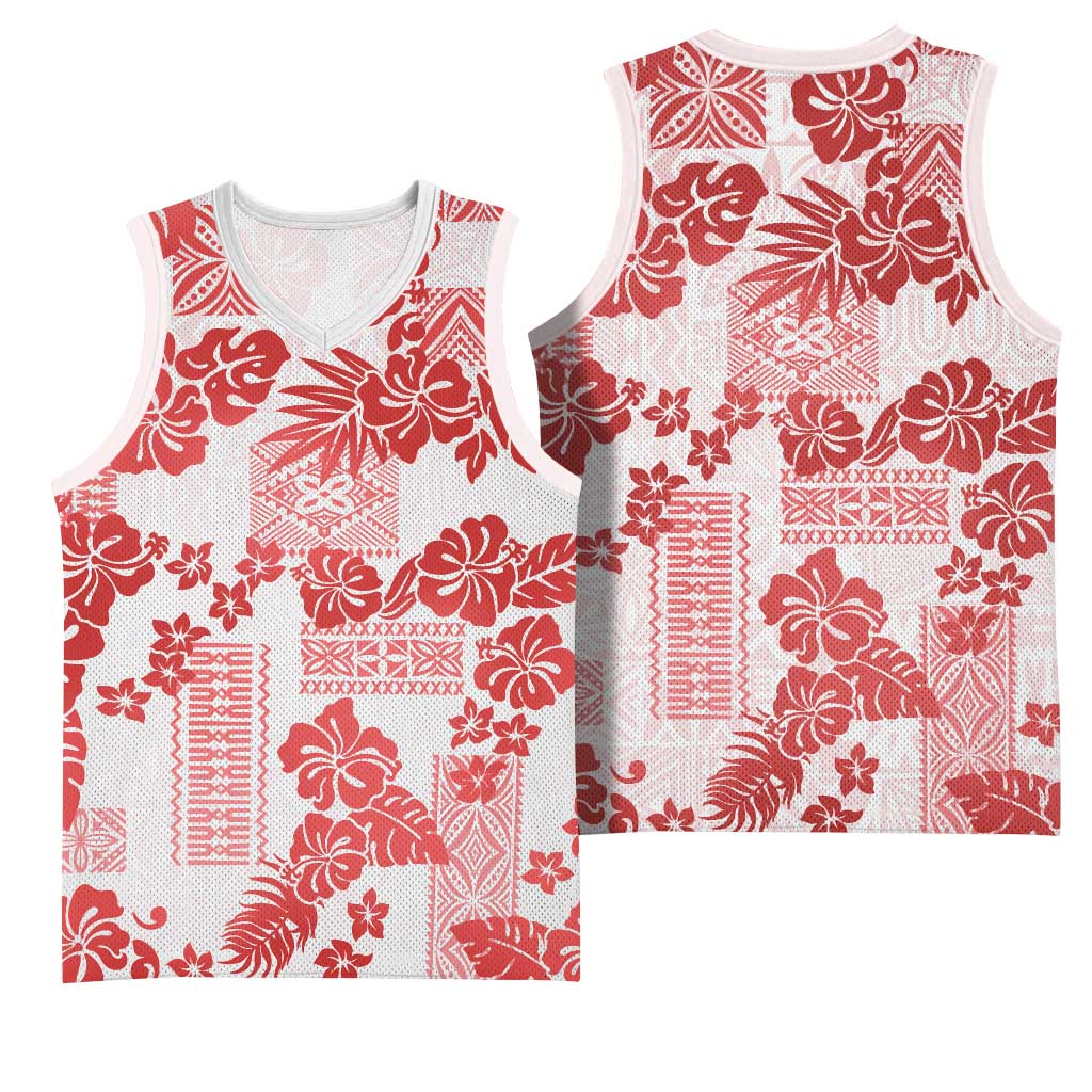 Vintage Hawaii Basketball Jersey Hibiscus Tapa Tribal With Hawaiian Quilt Pattern Red - Polynesian Pride