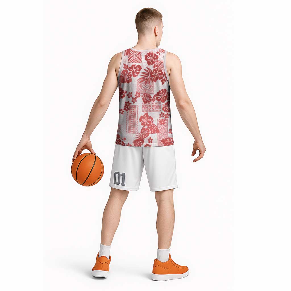 Vintage Hawaii Basketball Jersey Hibiscus Tapa Tribal With Hawaiian Quilt Pattern Red - Polynesian Pride
