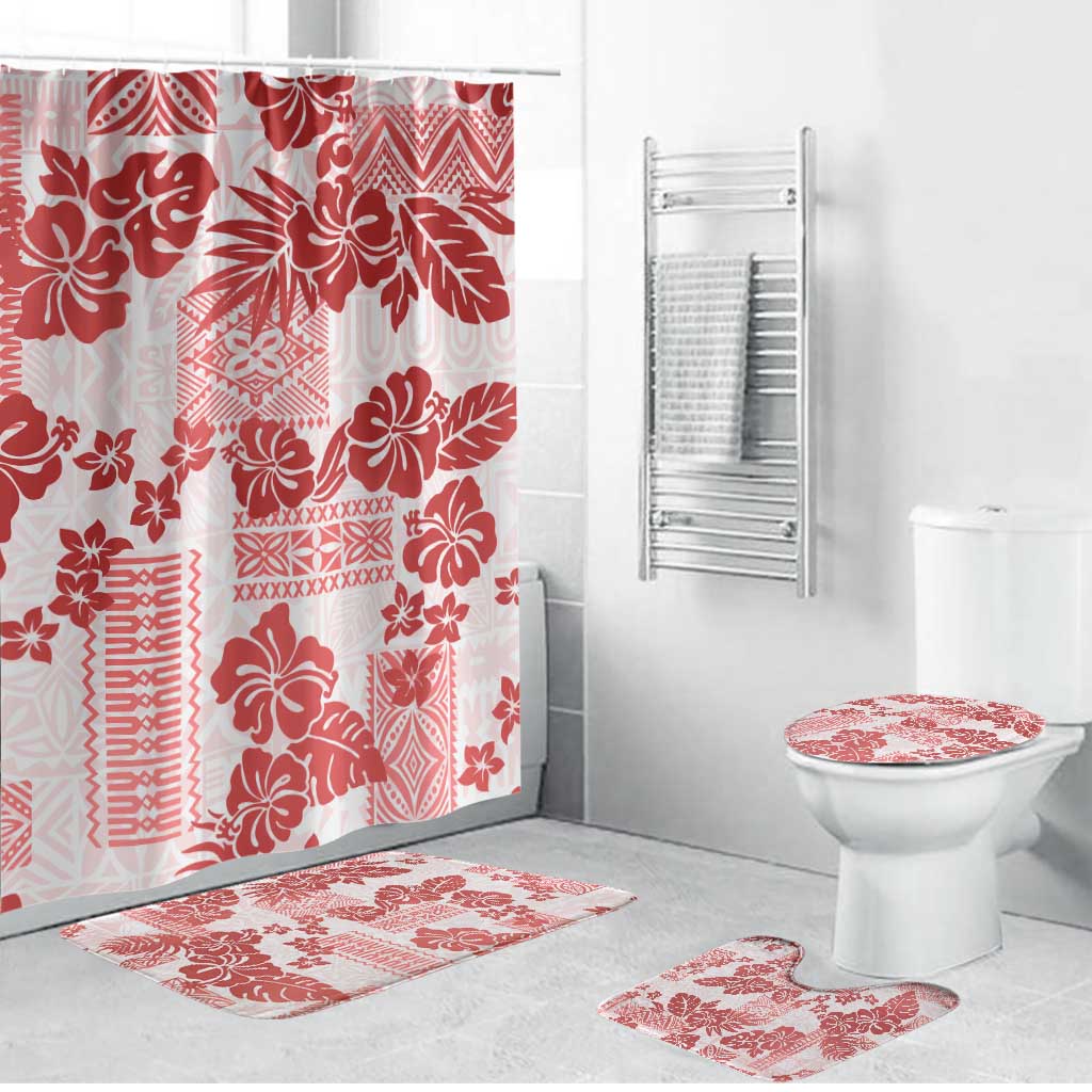 Vintage Hawaii Bathroom Set Hibiscus Tapa Tribal With Hawaiian Quilt Pattern Red - Polynesian Pride