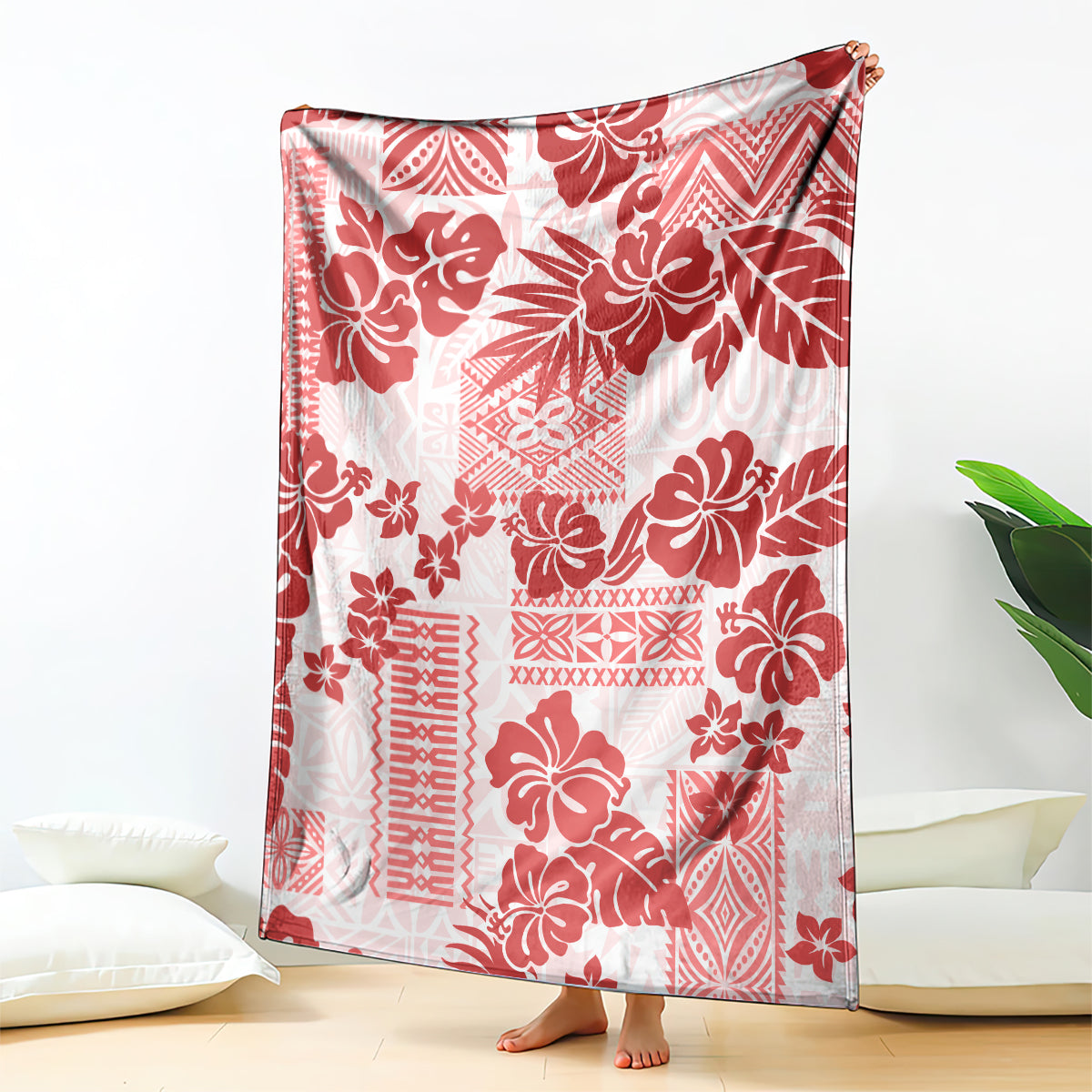 Vintage Hawaii Blanket Hibiscus Tapa Tribal With Hawaiian Quilt Pattern Red LT9 Red - Polynesian Pride