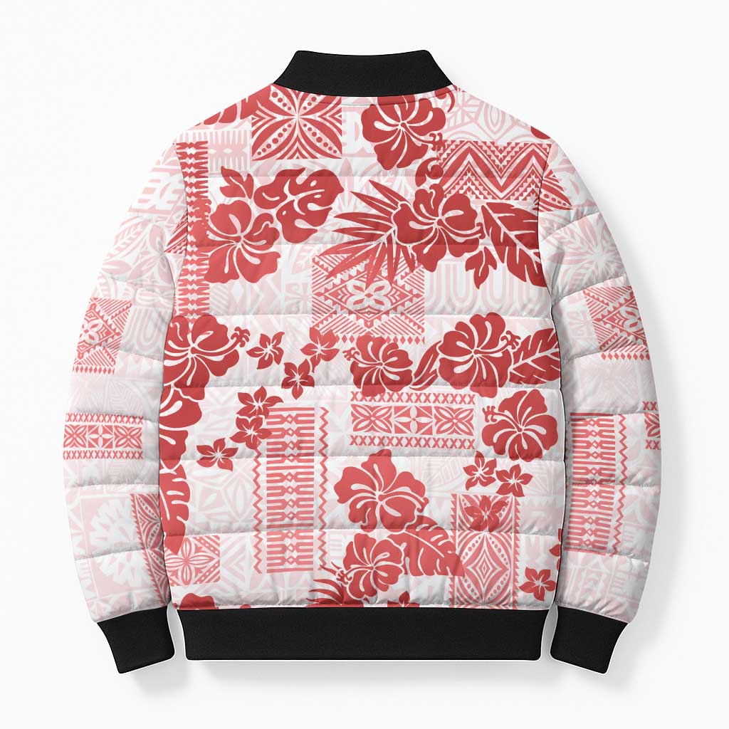 Vintage Hawaii Bomber Puffer Jacket Hibiscus Tapa Tribal With Hawaiian Quilt Pattern Red - Polynesian Pride