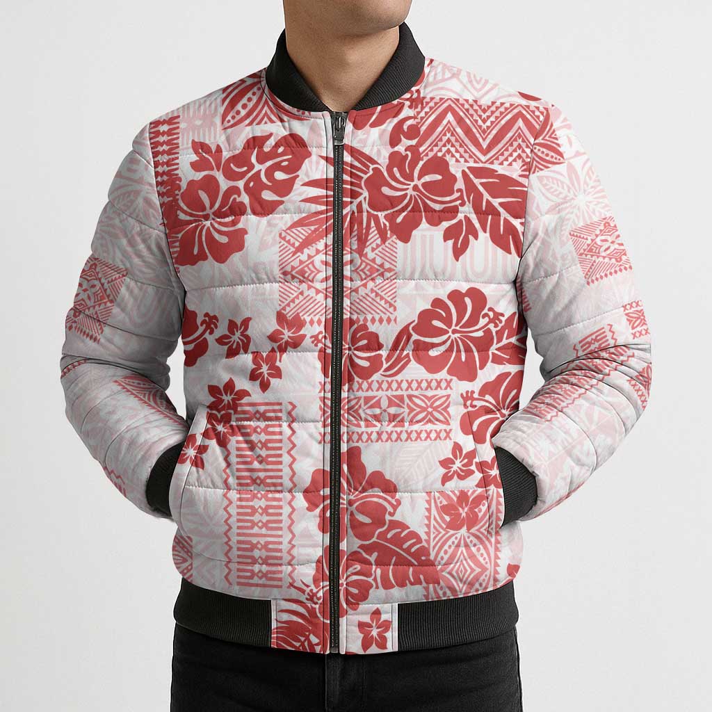 Vintage Hawaii Bomber Puffer Jacket Hibiscus Tapa Tribal With Hawaiian Quilt Pattern Red - Polynesian Pride