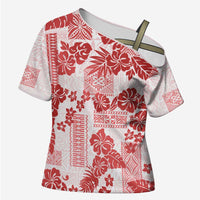 Vintage Hawaii Cross Shoulder Shirt Hibiscus Tapa Tribal With Hawaiian Quilt Pattern Red - undefined