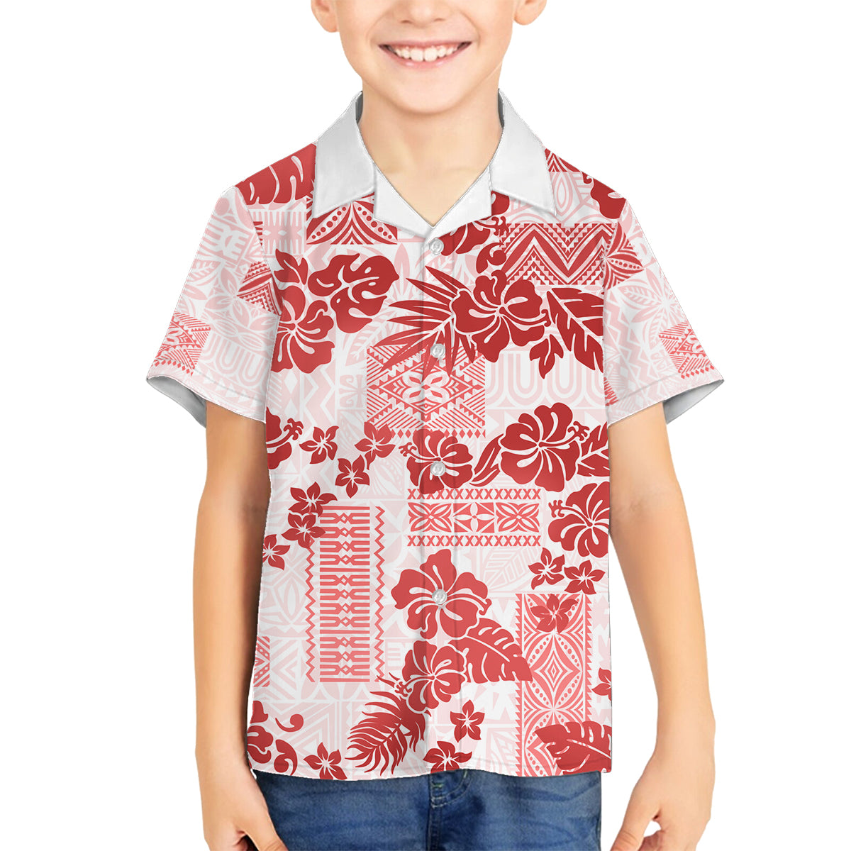 Vintage Hawaii Family Matching Long Sleeve Bodycon Dress and Hawaiian Shirt Hibiscus Tapa Tribal With Hawaiian Quilt Pattern Red LT9 Son's Shirt Red - Polynesian Pride