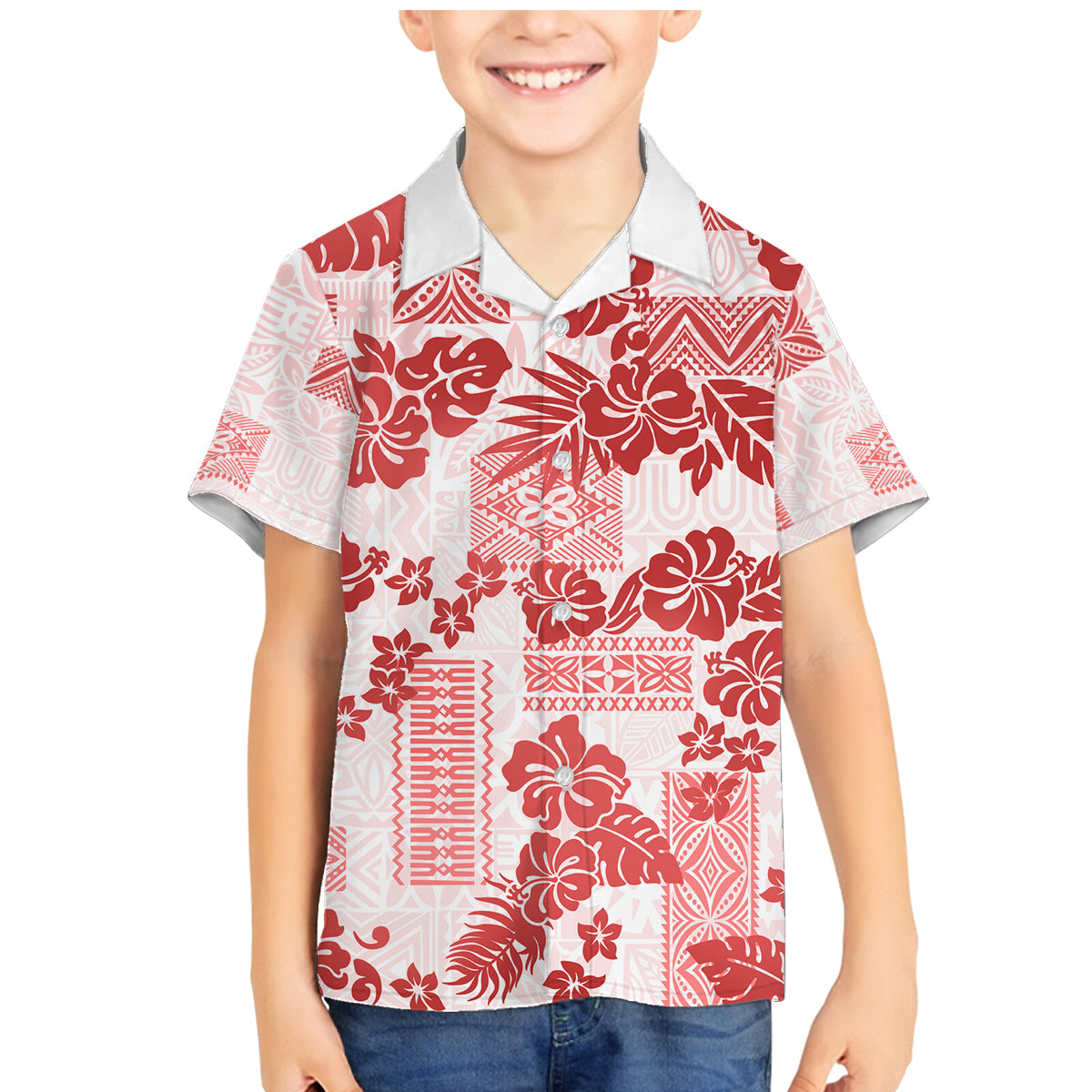 Vintage Hawaii Family Matching Mermaid Dress and Hawaiian Shirt Hibiscus Tapa Tribal With Hawaiian Quilt Pattern Red LT9 Son's Shirt Red - Polynesian Pride