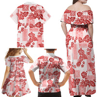 Vintage Hawaii Family Matching Off Shoulder Maxi Dress and Hawaiian Shirt Hibiscus Tapa Tribal With Hawaiian Quilt Pattern Red LT9 - Polynesian Pride