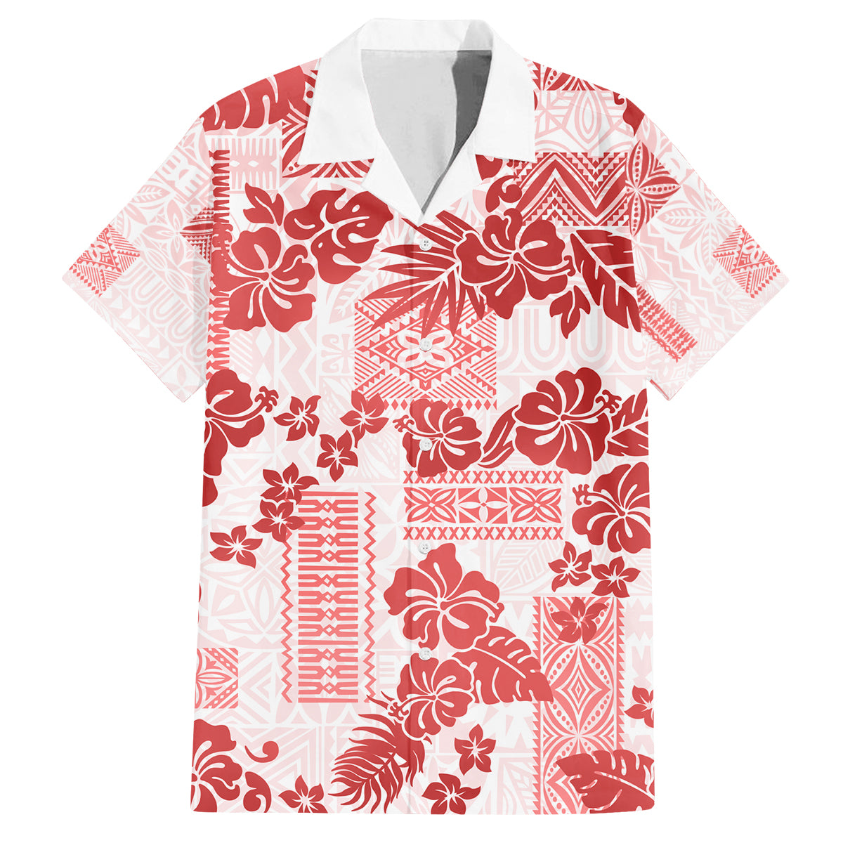Vintage Hawaii Family Matching Off Shoulder Short Dress and Hawaiian Shirt Hibiscus Tapa Tribal With Hawaiian Quilt Pattern Red LT9 Dad's Shirt - Short Sleeve Red - Polynesian Pride